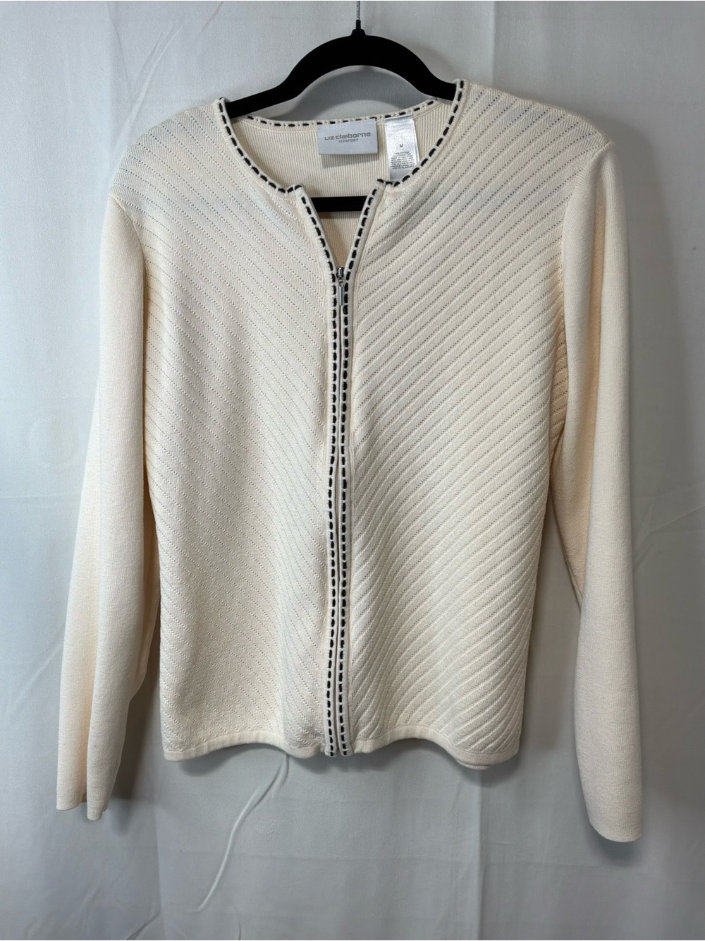 Liz Claiborne Cream Knit Zip-Front Cardigan with Contrast Trim